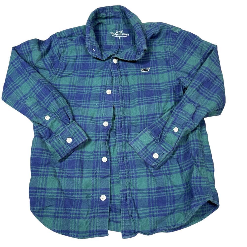 Vineyard Vines Boys Blue Green Plaid Flannel Button-Down Shirt Size 5
